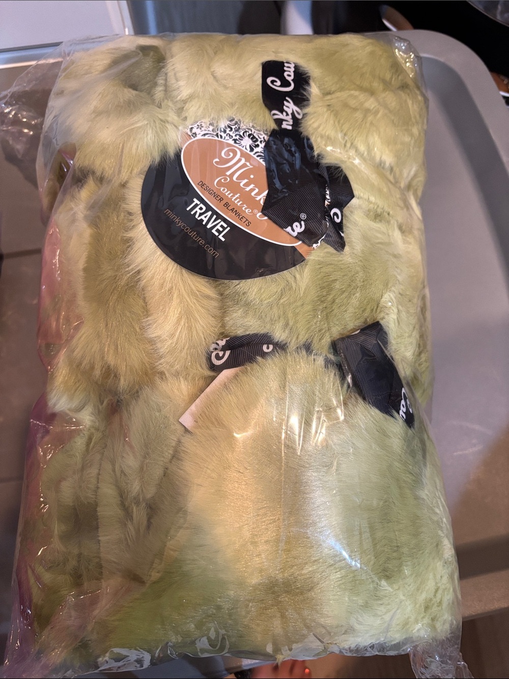 Minky Couture Faux Fur Travel Throw Blanket in olive ombré 36x60”